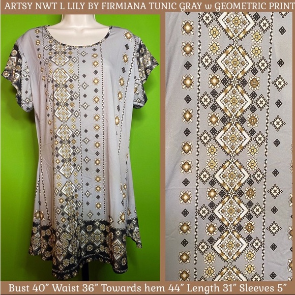 Lily by Firmiana Tops - ARTSY NWT L LILY BY  FIRMIANA SLATE GRAY TUNIC W GEOMETRIC PATTERN